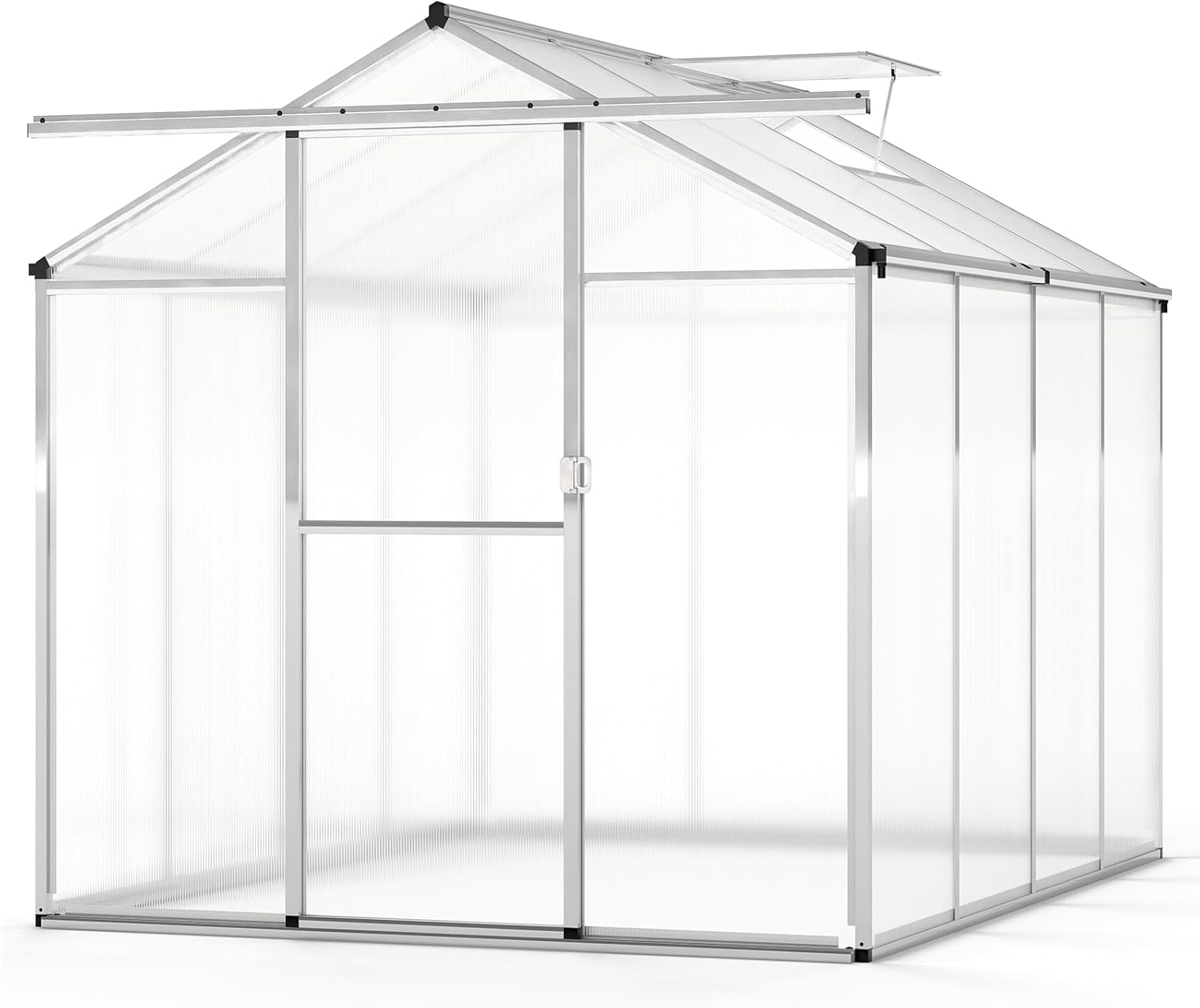 Happygrill Walk-in Greenhouse, 6 x 8 x 6.5FT Outdoor Large Green House w/ Sliding Door, Adjustable Roof Vent, Rain Gutter, Polycarbonate Panels, Heavy-Duty Aluminum Greenhouses for Outdoors, Garden