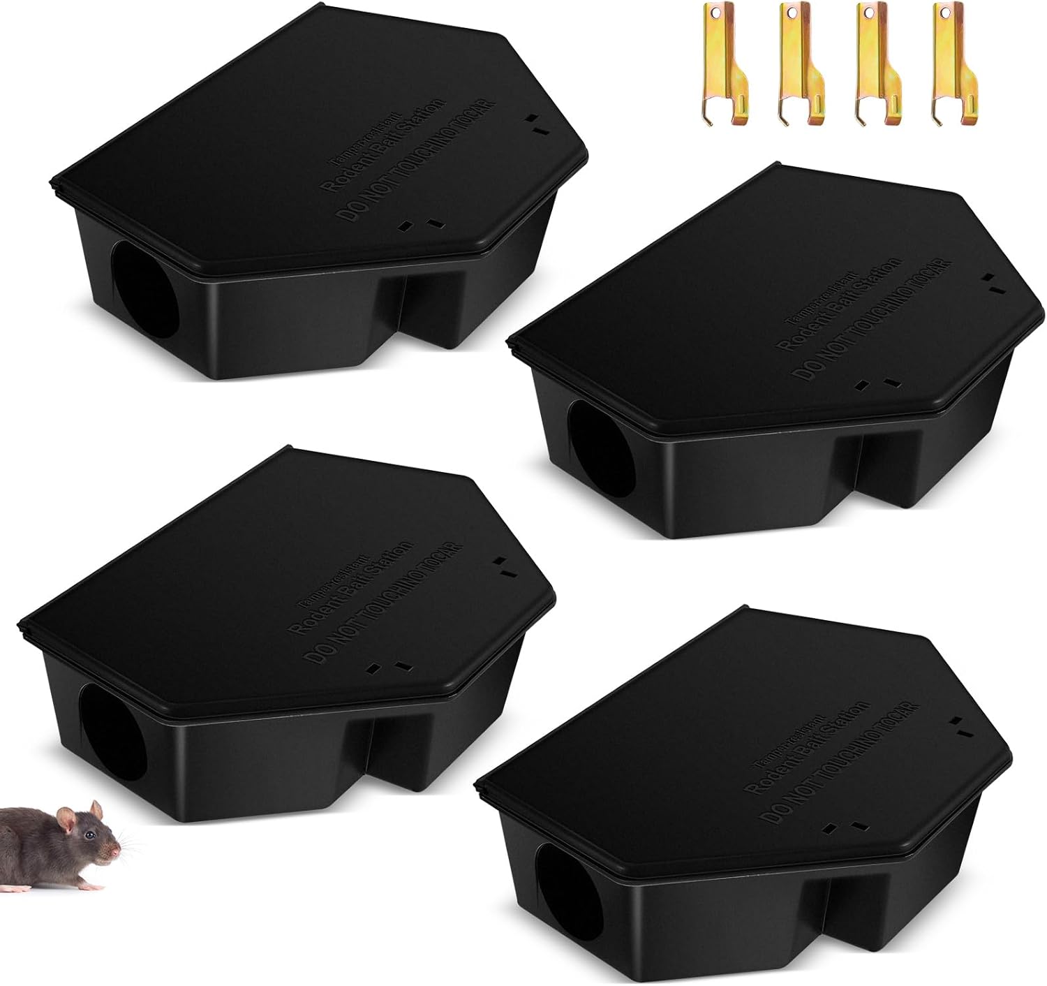 Qualirey 4 Pcs Rat Bait Station with Keys 13.58 x 8.98 x 3.35 Inch Rodent Station Rat Traps, Keeps Children and Pets Safe Indoor and Outdoor, Bait Not Included (Black)