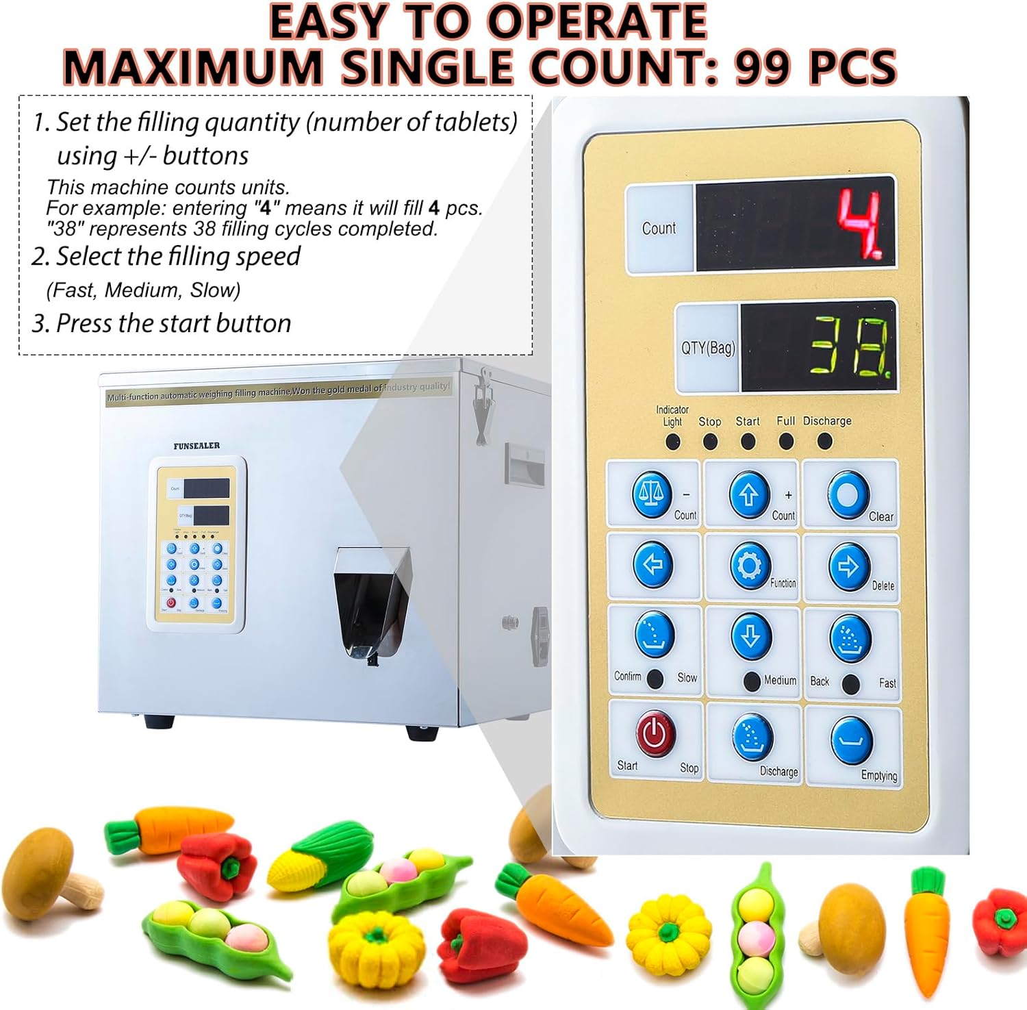 Counting Filling Machine, Digital Counter for Packing Buttons, Small Toys & Small Accessories (Max 99 Pcs), Food-Grade 304 Stainless Steel