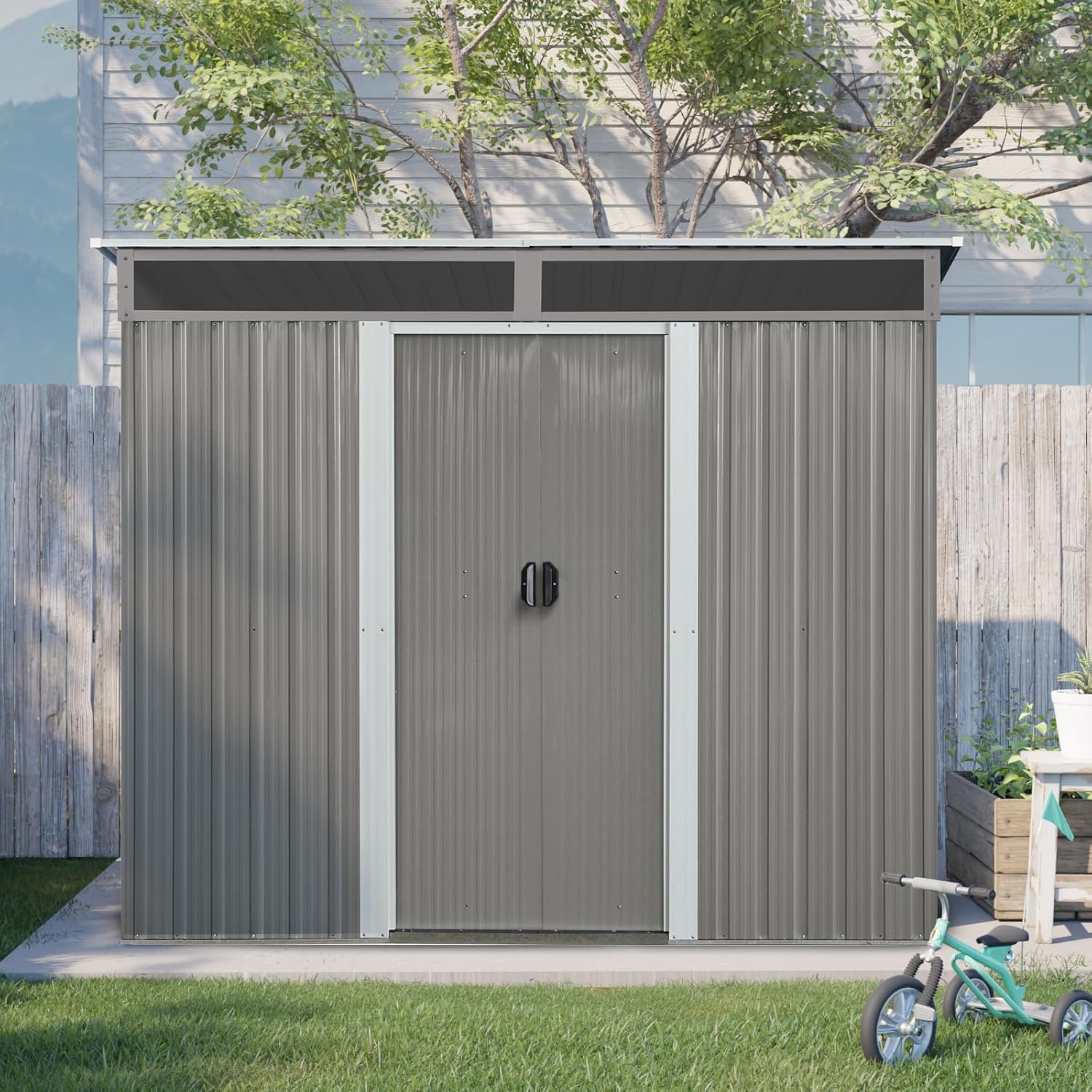 6x8 FT Outdoor Storage Shed, Metal Garden Shed with Frame Floor, Outside Tool Shed with Lockable Sliding Doors, Waterproof Storage Building with Sloped Roof & Air Vents for Backyard, Patio, Gray