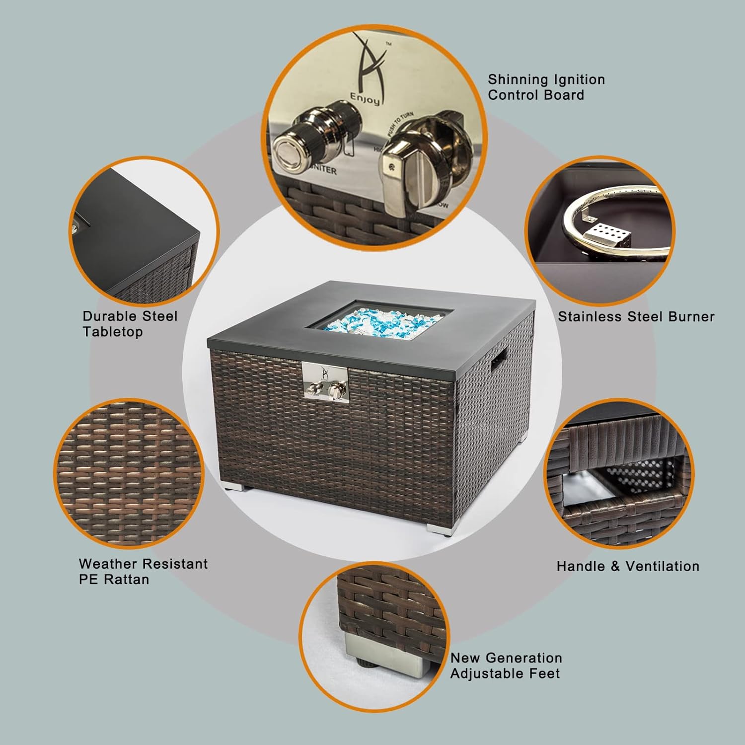 32'' Outdoor Low Profile Fire Table with Natural Gas Conversion Kit, 50,000 BTU Fire Table with Brown Wicker, Painted Steel Tabletop, Mix Color Glass Rocks, Including Lid and Cover, Square