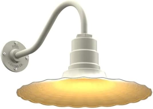 Steel Lighting Co. | Dusk to Dawn | Highland Park Barn Light | Outdoor Wall Mounted | 16 inch Radial Wave | 16 inch Gooseneck | Made in America | Cream/Brass