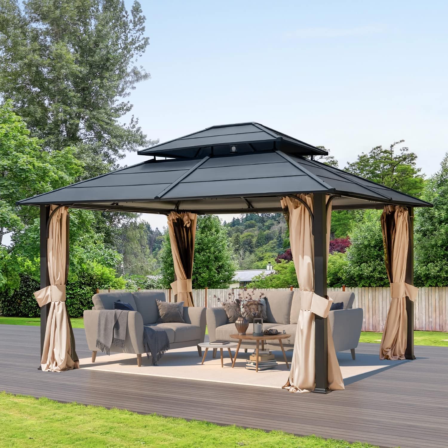 EROMMY 12'x14' Hardtop Gazebo, Double Roof Metal Canopy with Aluminum Frame, Netting and Shaded Curtains Included Permanent Outdoor Pavilion Gazebos for Patio, Backyard, Deck and Lawns