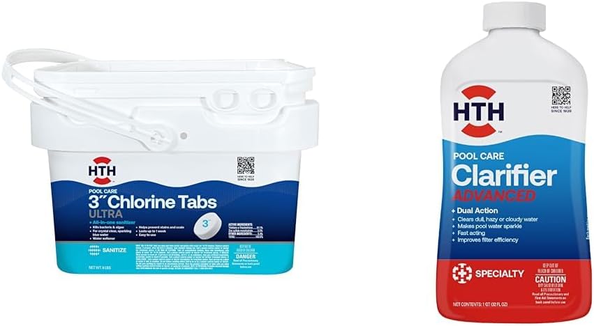 HTH 42056W 8lb Chlorine Tabs Ultra and HTH 67067 Swimming Pool Clarifier for Crystal Clear Water
