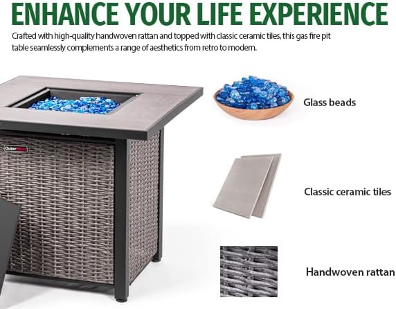 30 Inch Propane Fire Pit Table with Cover, 50,000 BTU Electronic-Ignition Rattan Patio Gas Fire Pit with Lid & Glass Bead, Outdoor Fireplace for Dining or Party, Gray