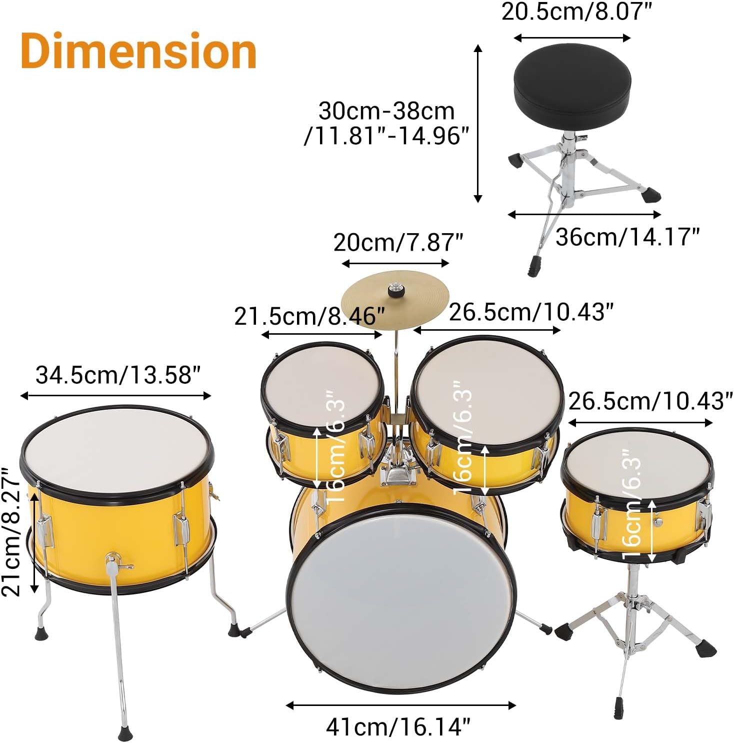 Senfot Drum Set for Musical Instruments, AD-300 Five Piece Drums with Bass Drum, Tom-Tom, Snare, Cymbals, Hi-Tone Drum, Sticks, Base Pedal and Stool, Beginner Set (Yellow, 5-Piece)