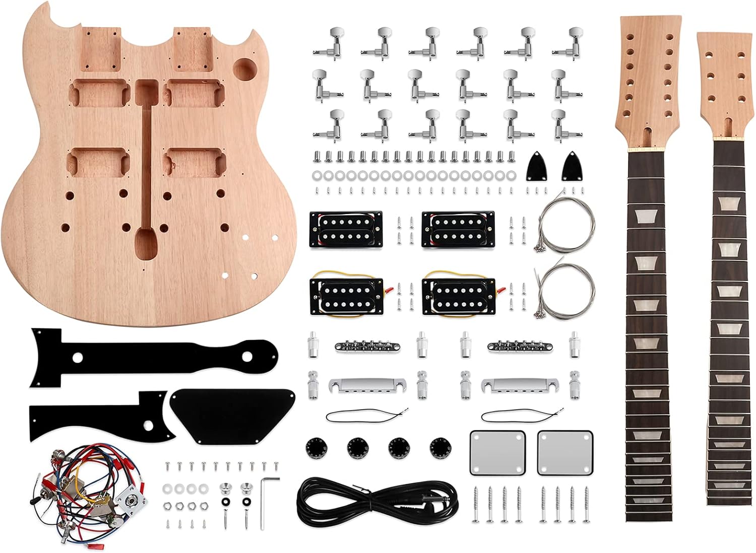DIY Electric Guitar Kit Double Neck Guitar Kits Beginner Kits 12 String Right Handed with Mahogany Body Mahogany Neck Rosewood Fingerboard Chrome Hardware Build Your Own Guitar.