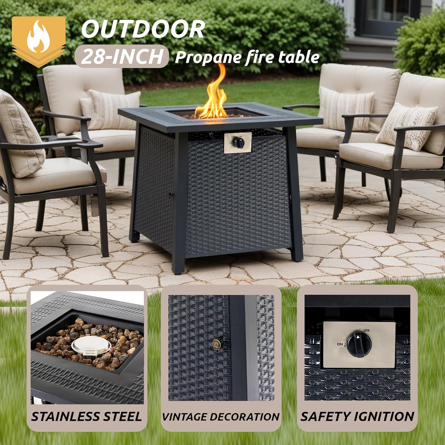 Propane Fire Pit Table,Out Door Fire Pits & Fireplaces,Gas Fire Pit with Lid and Lava Rock.Square Black Fire Pit Table on Patio Deck & Garden Backyard. (Raven‌ Black, 28-inch)
