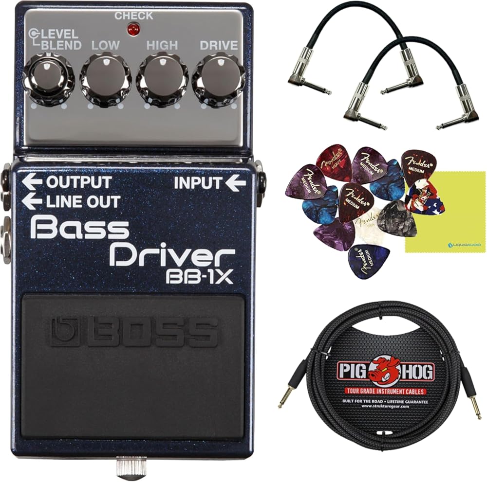 Boss BB-1X Bass Driver Pedal Bundle w/ 2-Pack Strukture S6P48 Woven Right Angle Patch Cable, Pig Hog PCH10BK 