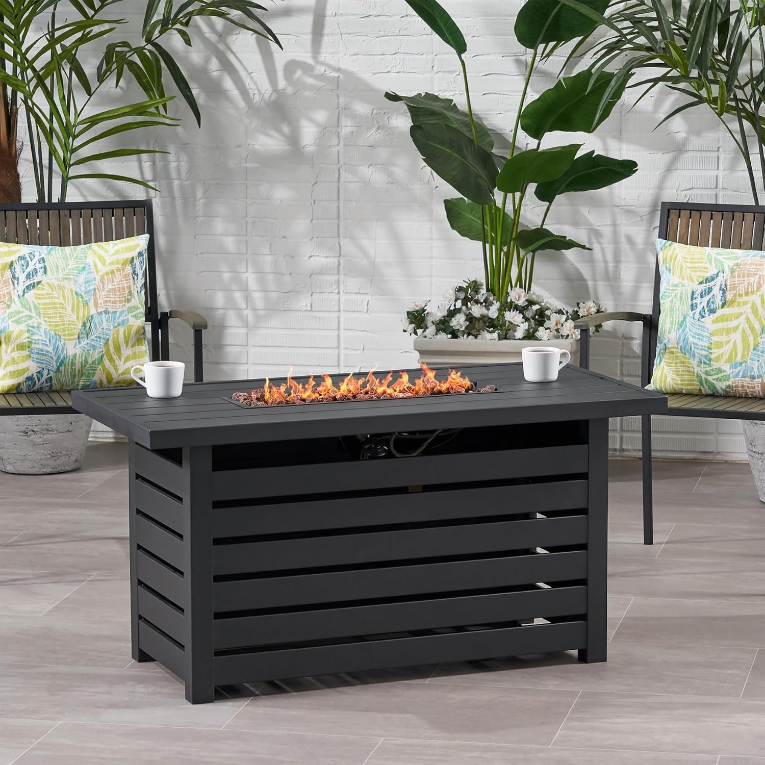 Propane Gas Fire Pit Table Pieces, Rectangular Steel with Glass Wind Guard for Outside Patio Deck Garden Courtyard