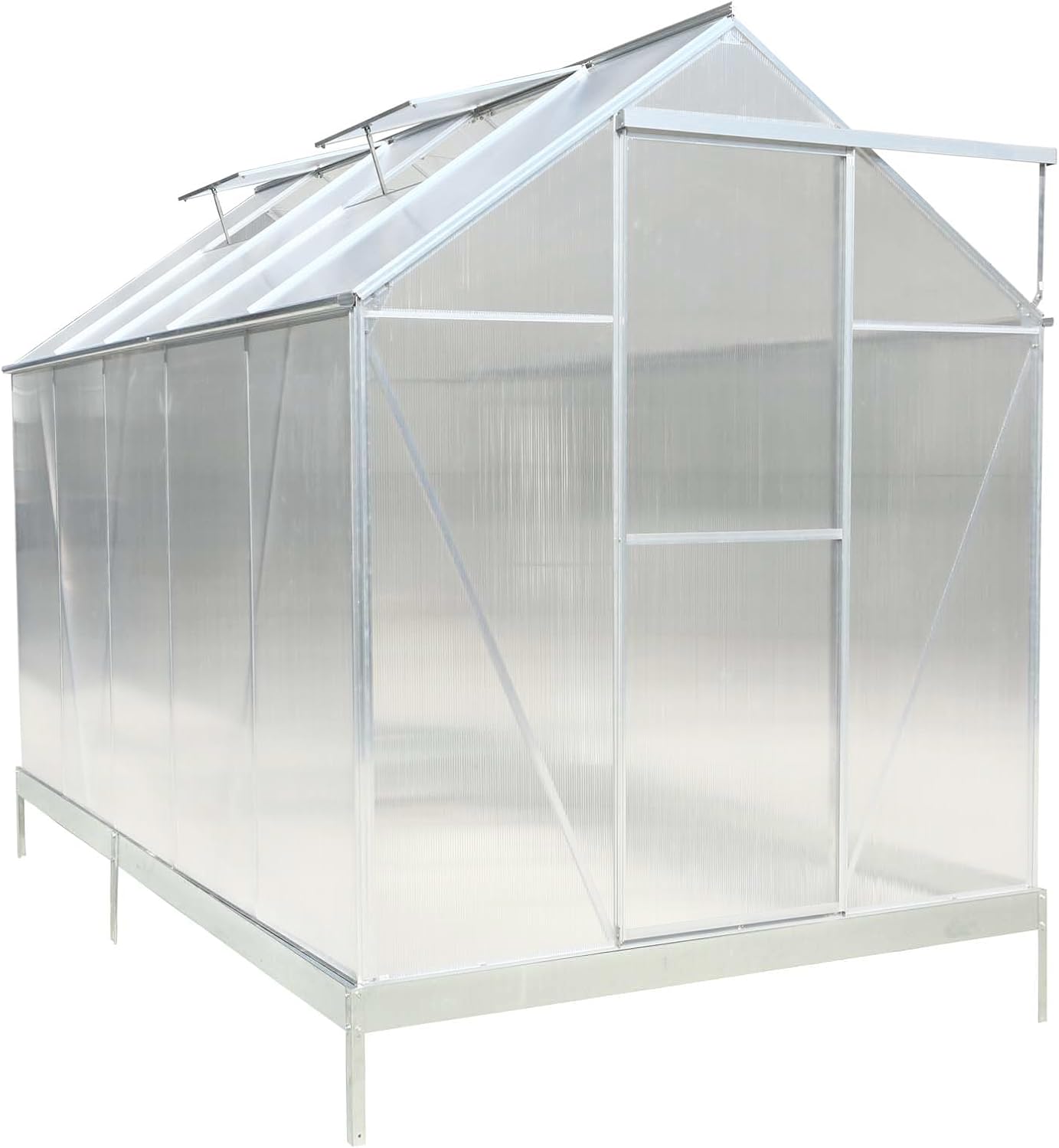 Ball & Cast 10x7 FT Greenhouse,Polycarbonate Heavy Duty Outdoor Aluminum Walk-in Green House Kit with Rain Gutter and Vent,Plant Base w/ Sliding Door,for Backyard Garden,Silver