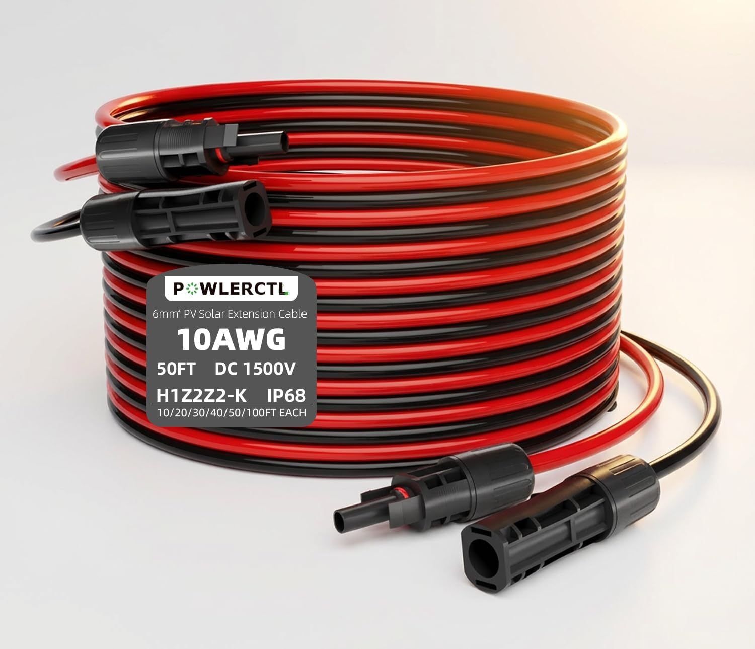 Solar Panel Extension Cable 10 AWG 50Ft 6mm² Wire Gauge Certified PV Cable,100% Tinned Copper with Male and Female Waterproof mc4 Connectors,for RV, Home Boat Photovoltaic Systems