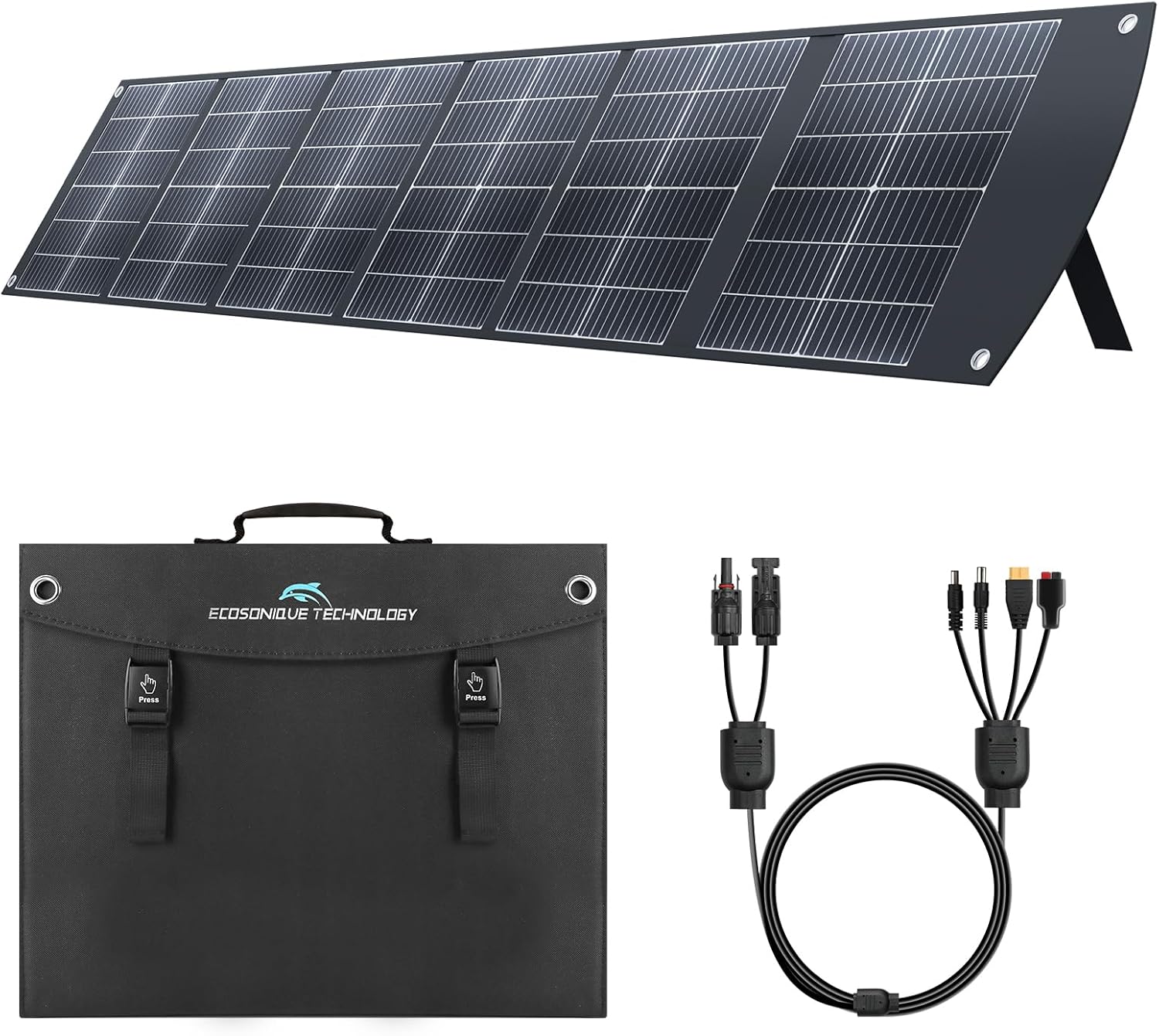 Ecosonique 200W Portable Solar Panel for Power Stations, Foldable & Lightweight with Kickstand, USB-C PD3.0 & USB-A QC3.0, MC4 & Multi-Output for Solar Generators, RVs, Camping, and Outdoor Use