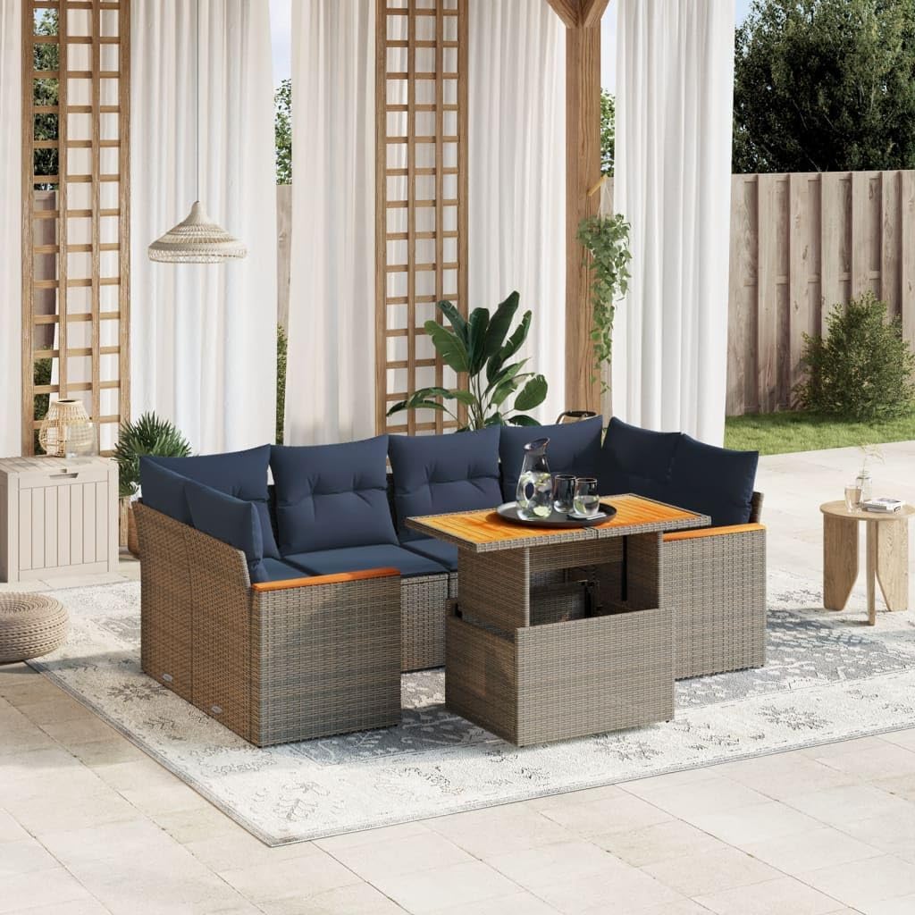 7 Piece Patio Sofa Set, Gray Poly Rattan Outdoor Furniture with Adjustable Table, Navy Blue Cushions, Modular Design for Backyard, Terrace, Balcony