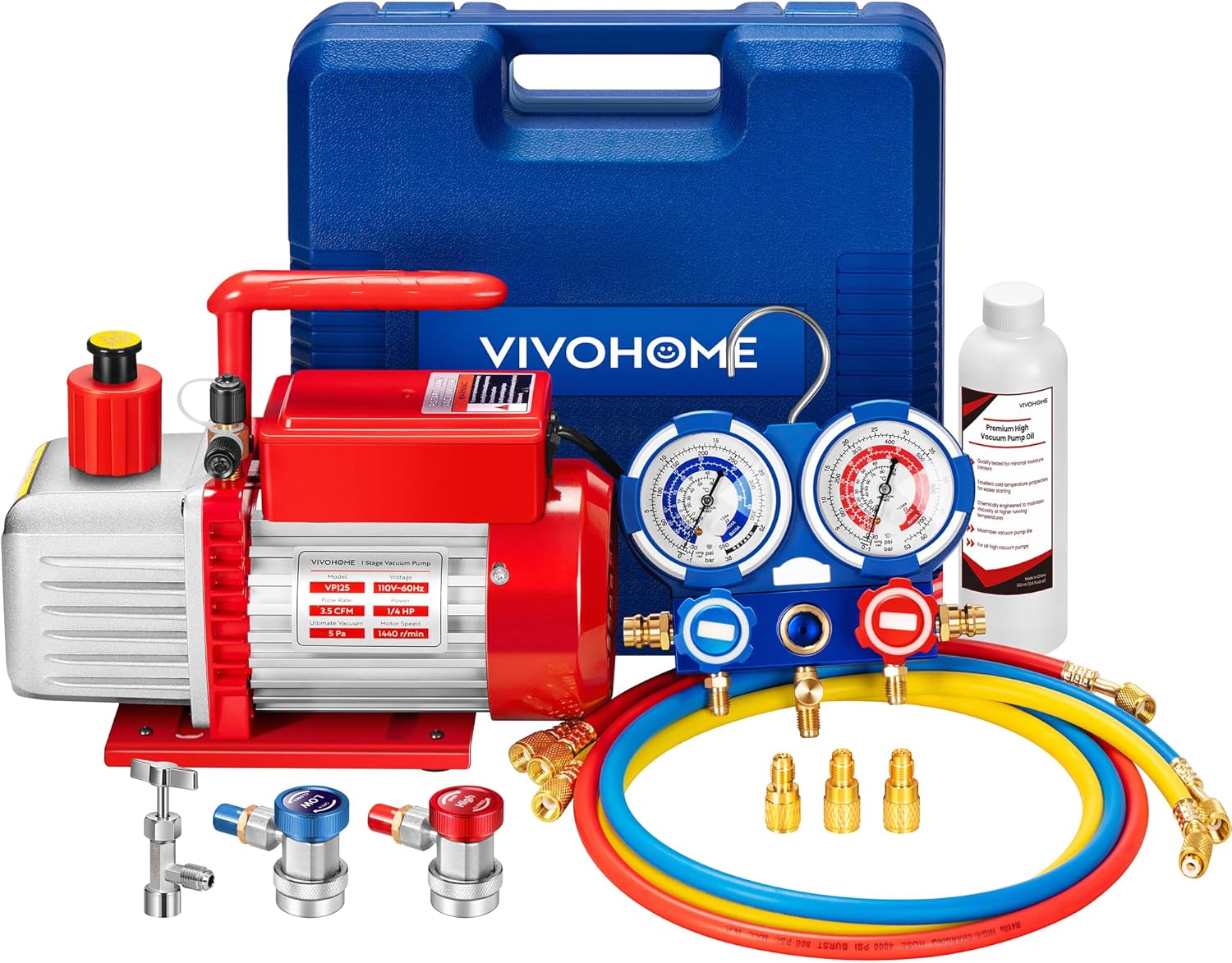 VIVOHOME 110V 1/4 HP 3.5 CFM Single Stage Rotary Vane HVAC Vacuum Pump and 3 Way AC Manifold Gauge Set with 4ft Hoses & Accessories for Auto Air Conditioning Refrigeration Recharging, Red