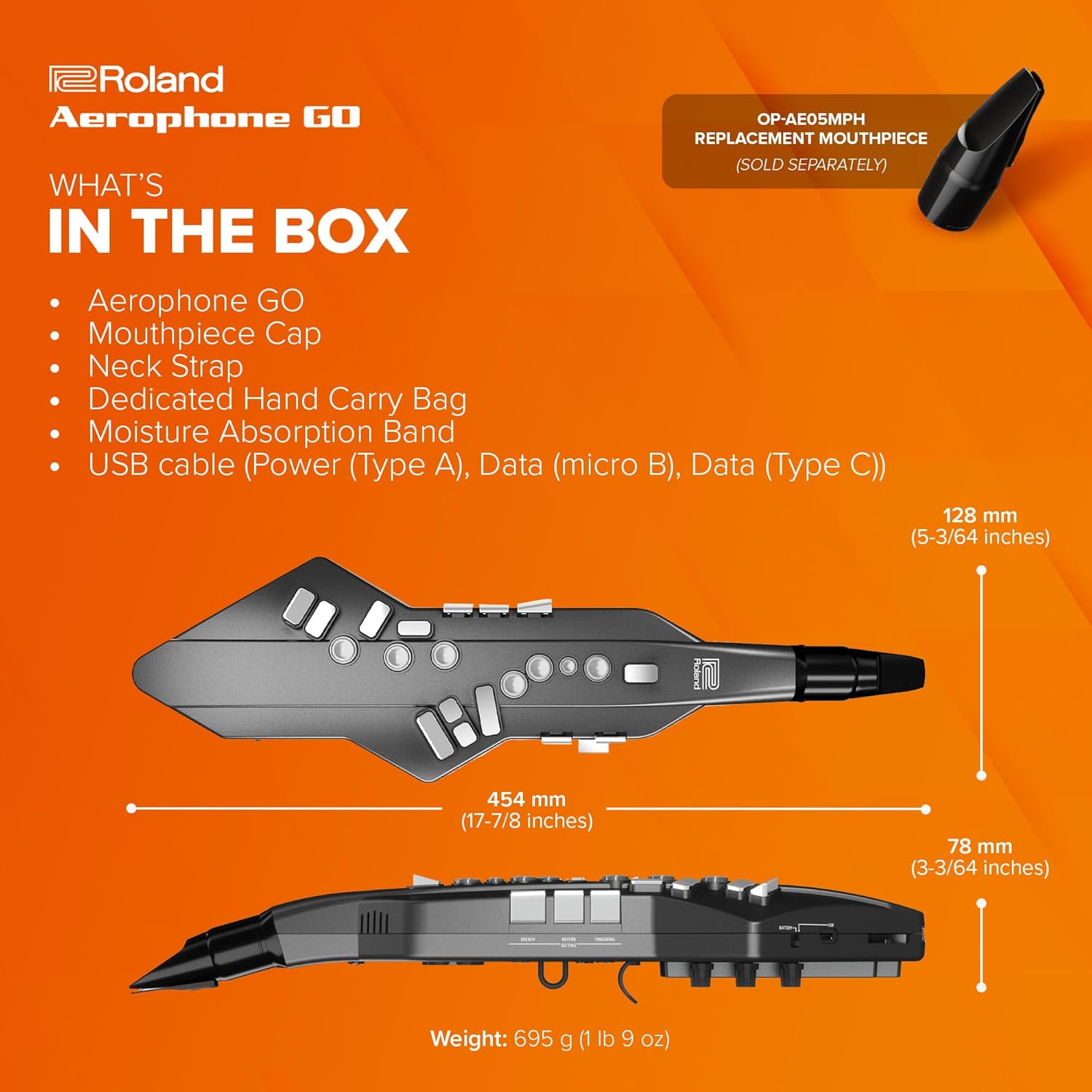 Roland AE-05 Aerophone GO | Compact Digital Wind Instrument | Advanced Control & Playability | 11 High-Quality Onboard Tones | Built-in Speaker | Headphone Connectivity | Bluetooth Enabled