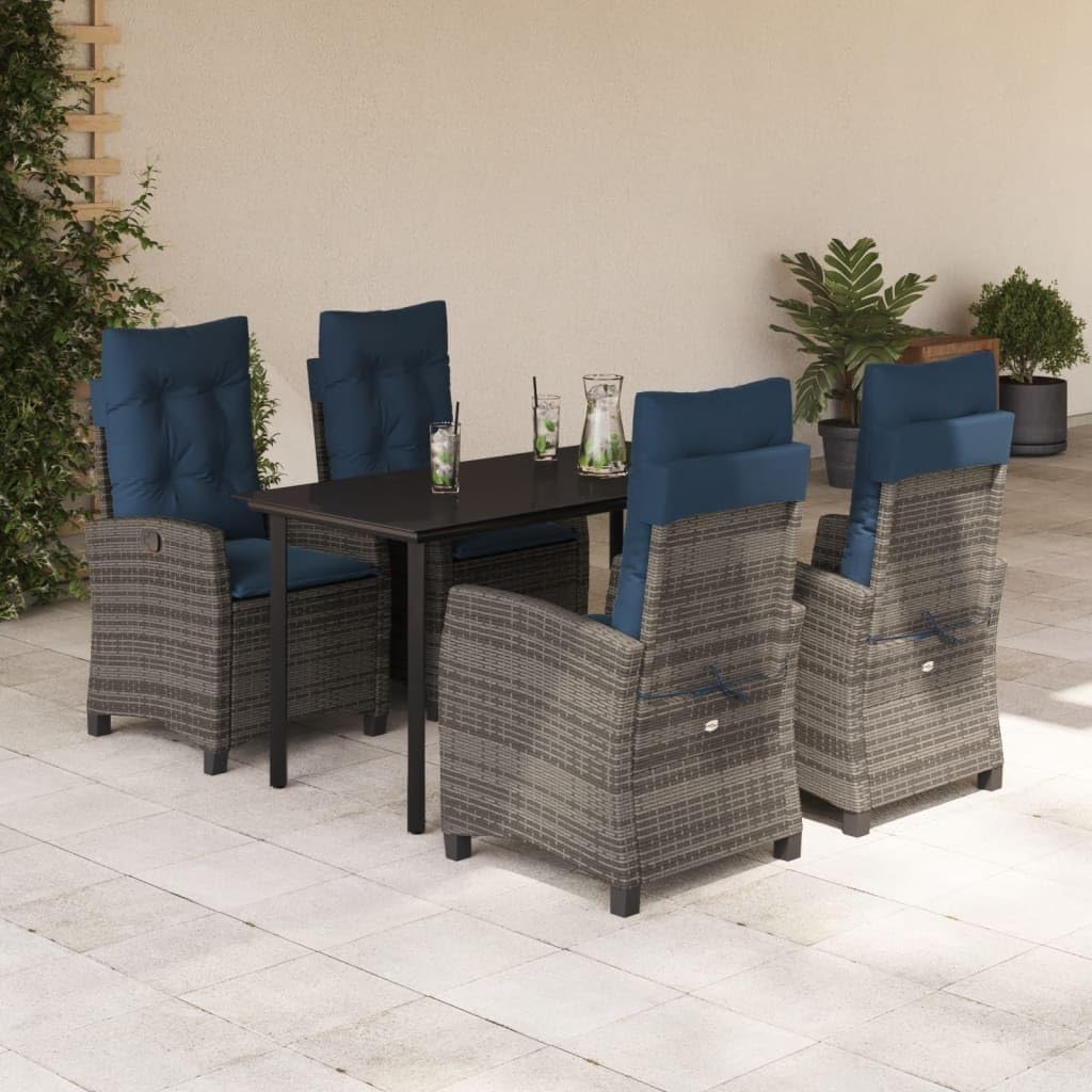 5 Piece Patio Dining Set with Cushions Gray Poly Rattan,Outdoor Dining Set with Adjustable Backrests and Durable PE Rattan for Garden or Patio Patio Furniture Sets, Outdoor Furniture Sets