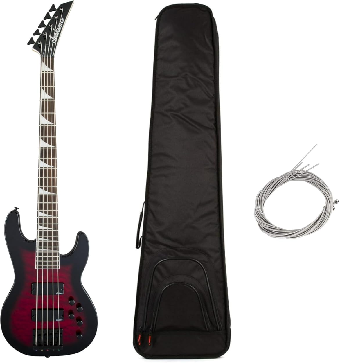 Jackson JS Series Concert Bass JS3VQ 5-String Electric Guitar (Right-Handed, Red Burst) Bundle with Polyester Protective Hardshell Gig Bag with Zipper Pocket (Black), and Steel Strings (3 Items)