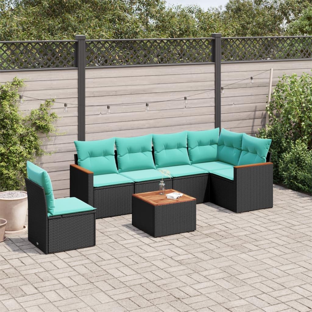 7 Piece Patio Sofa Set with Cushions Black Poly Rattan, Modular Outdoor Furniture with Removable Cushions and Storage, Durable PE Rattan and Acacia Wood Tabletop for Backyard