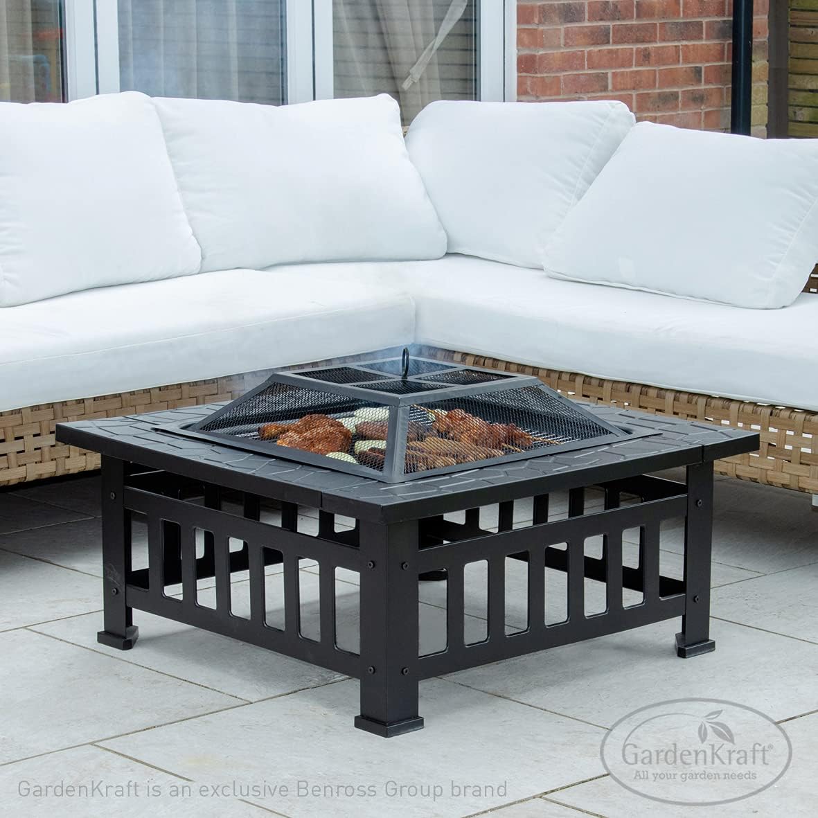 19609 3 in 1 Outdoor BBQ, Firepit & Ice Bucket/Stylish Outdoor Heater With Table Space/Burn Logs Or Charcoal/Includes Mesh Pit Cover, Stoker & PVC Grill Cover / 81cm x 81cm x 53cm