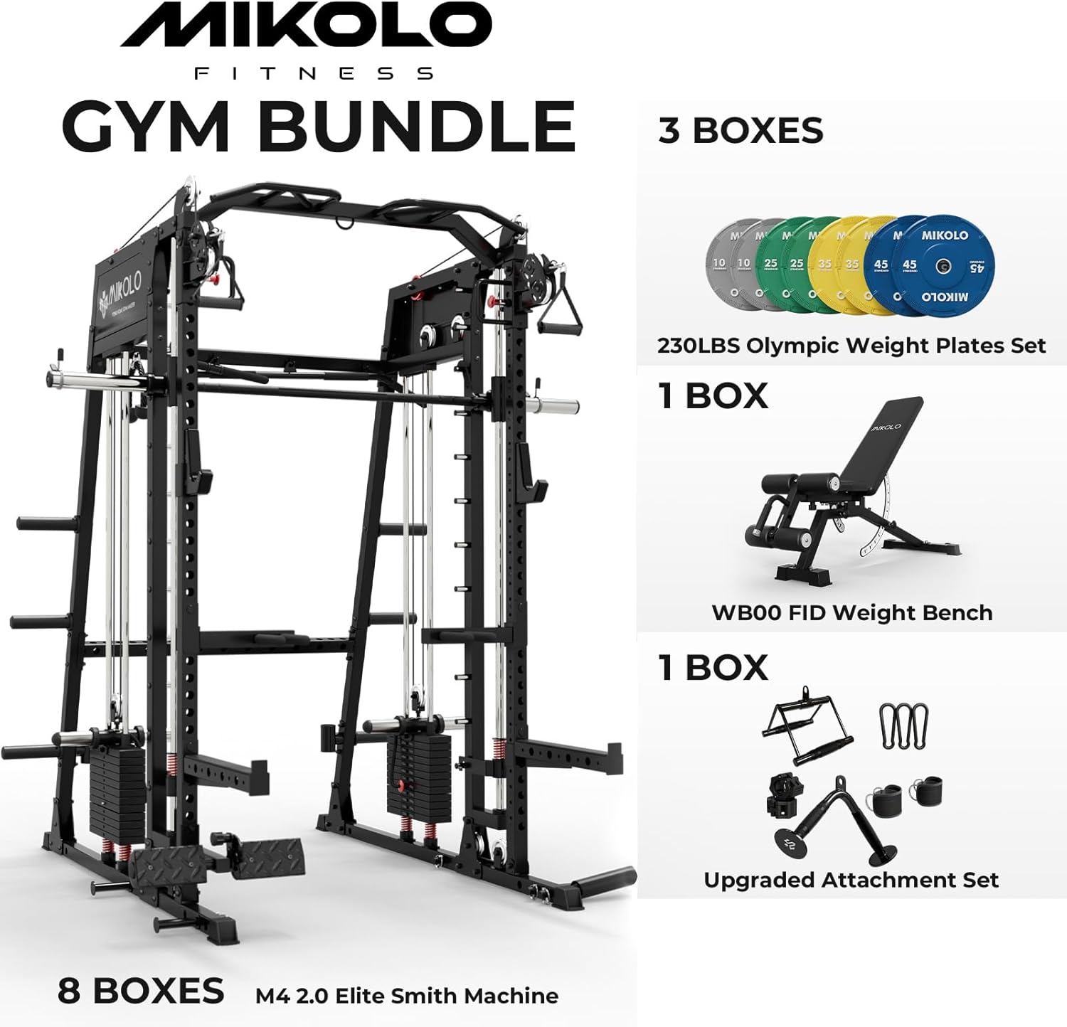 Mikolo Smith Machine, 2200lbs Squat Rack with LAT-Pull Down System & Cable Crossover Machine, Training Equipment with Leg Hold-Down Attachment