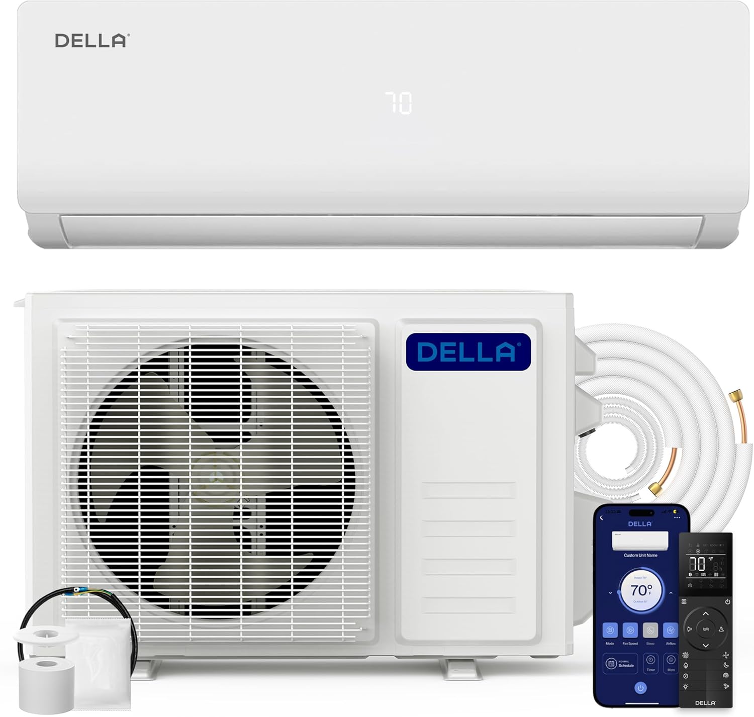 DELLA Vario Series 12000 BTU Mini Split Air Conditioner Work with Alexa with 1 Ton Pre-Charged Heat Pump Ductless Inverter System, 23 SEER2, Cools Up to 550 Sq. Ft,16.4ft Installation Kit Included