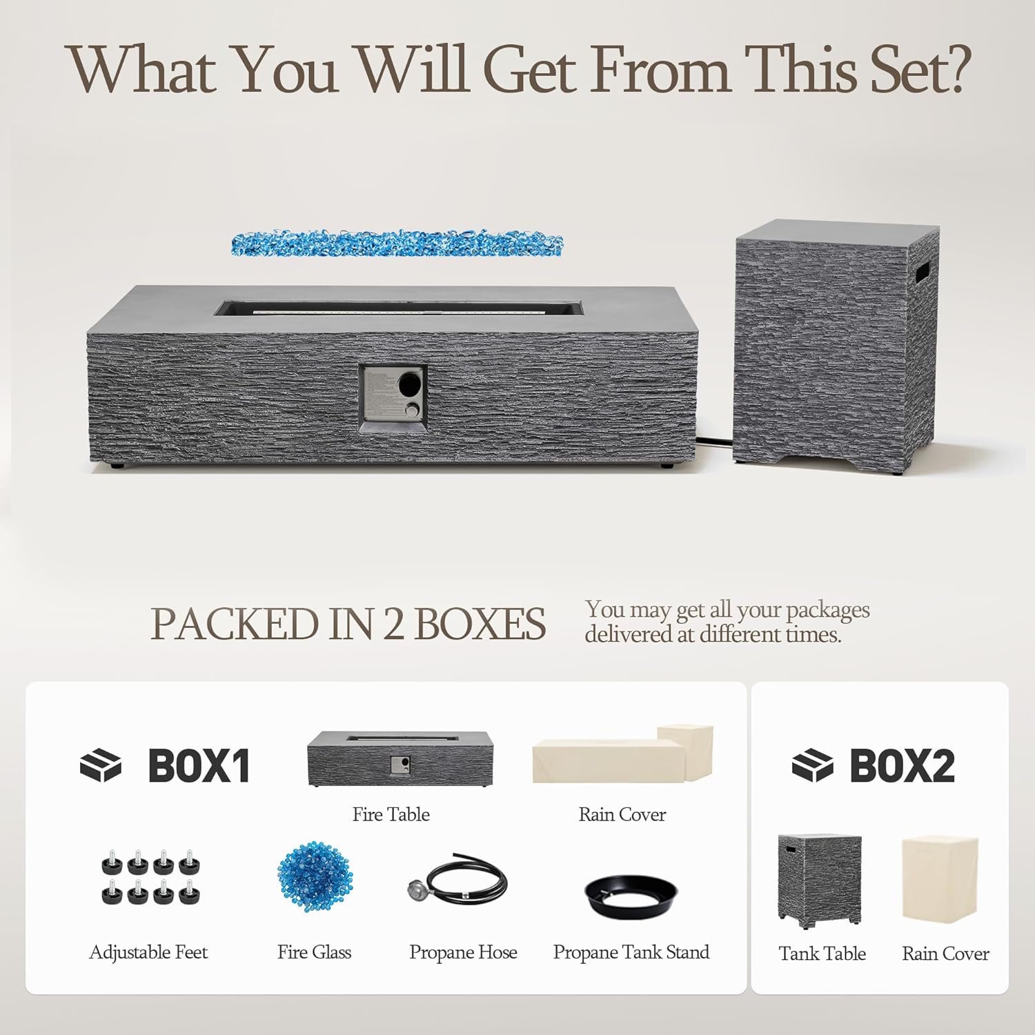 UPHA 56-inch Outdoor Propane Gas Fire Pit Table 50000 BTU Concrete Rectangle FirePit for Outside Patio with Propane Tank Cover, Blue Glass Rocks, Rain Cover, Grey Horizontal Stripe