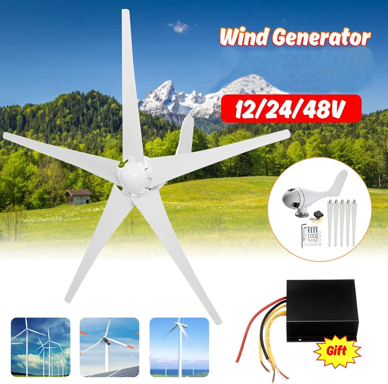 Wind Turbine Generator Windmill Set,800W 12V/24V 5 Blade with Wind Controller Turbine Generator Kit for Boats Terraces Cabins Or Home