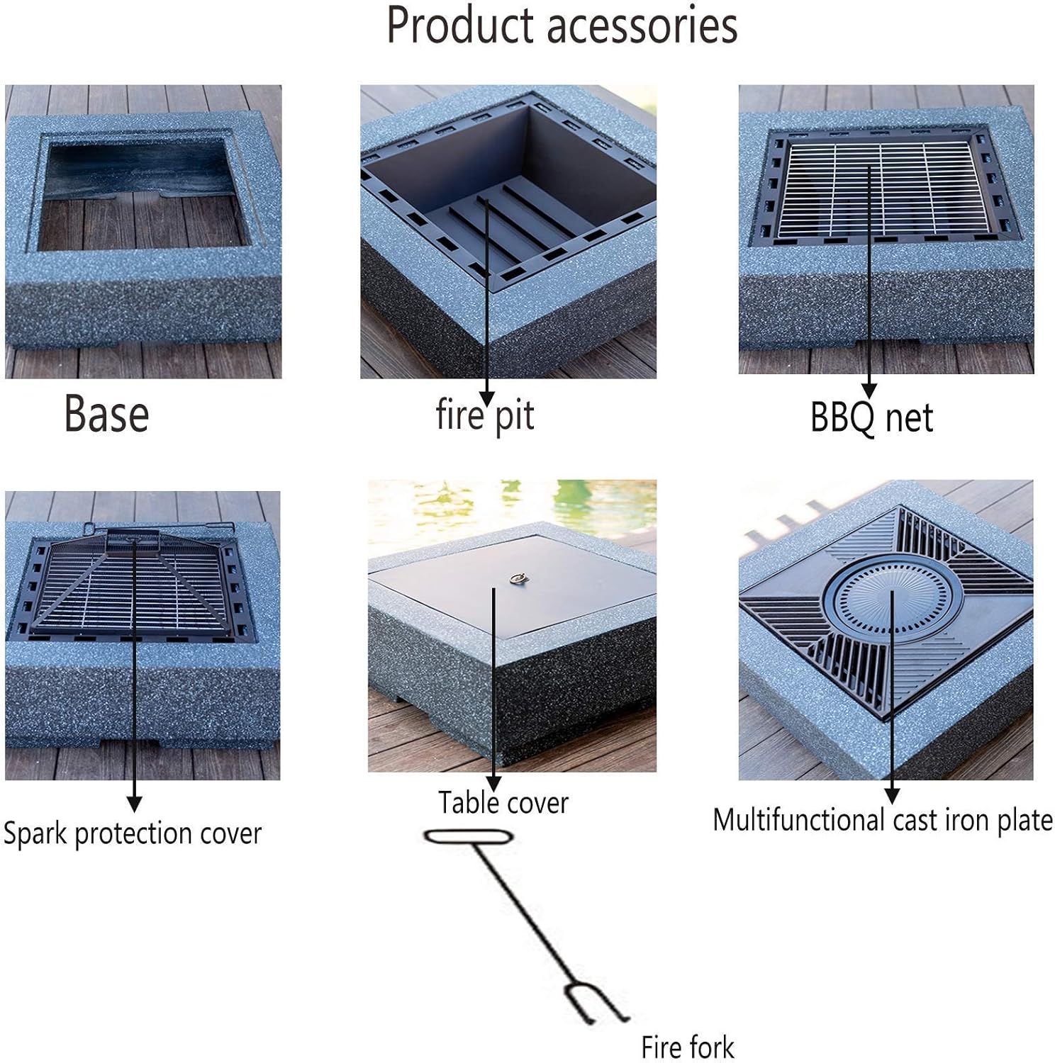 Fire Pits Bowls,for Garden BBQ Large Wood Burning with Grill and Lidtable Stone Table Cast Iron Outdoor Firepit for Log Burning 3 in 1