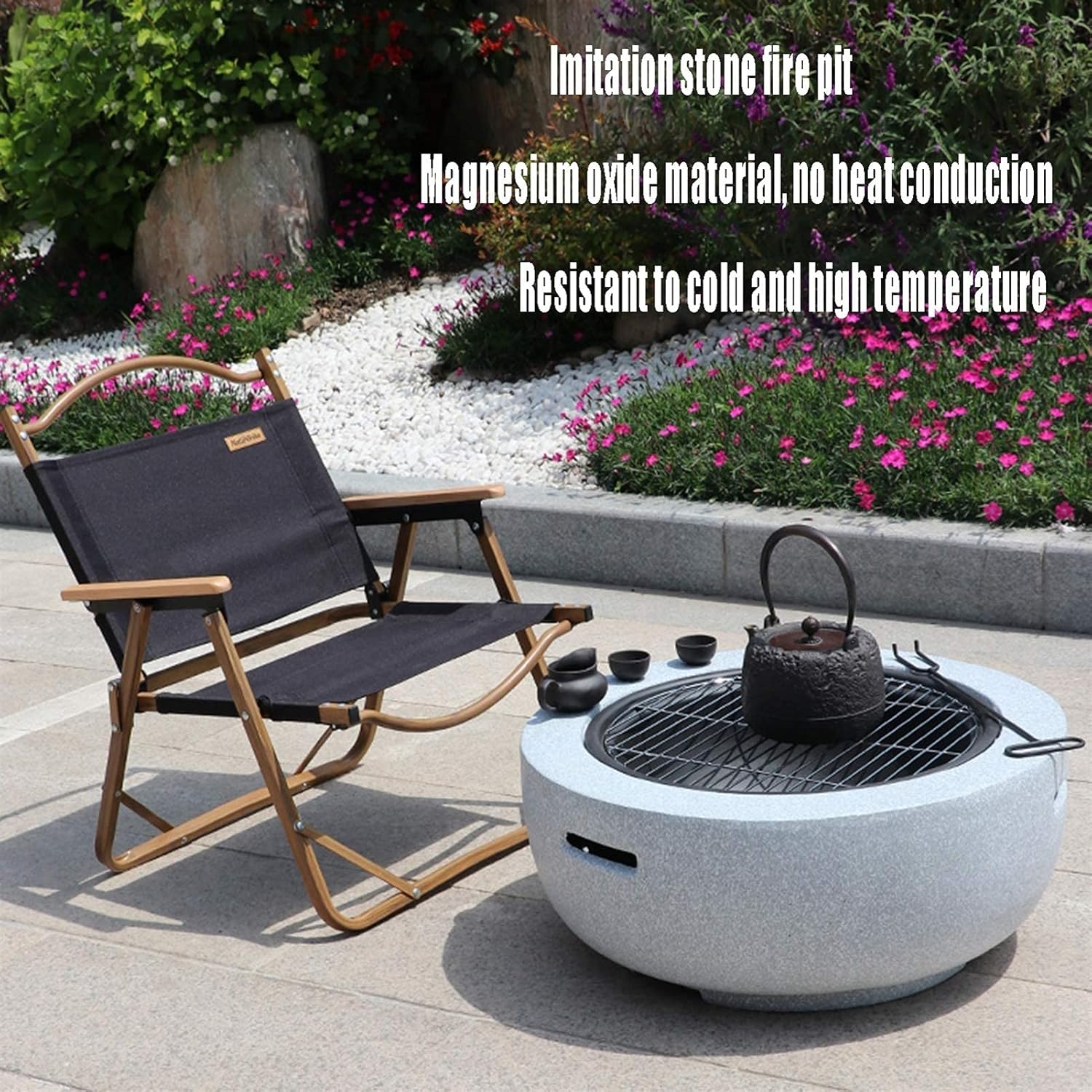 Outdoor Fire Pit Garden Terrace Round BBQ Table,Outdoor Wood Burning Fire Bowl with Spark Screen and Poker