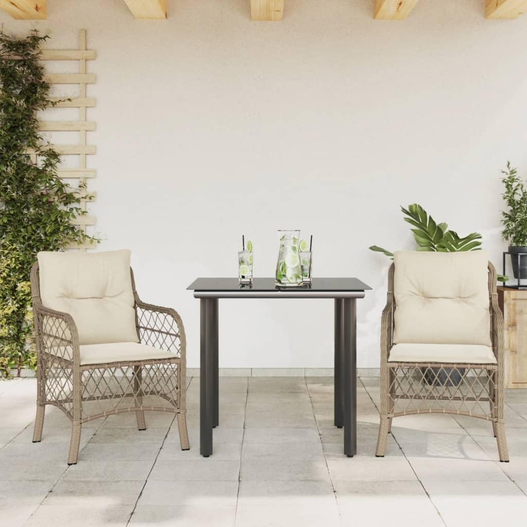 3 Piece Bistro Set with Cushions Beige Poly Rattan,Cozy Patio Bistro Set: Durable PE Rattan Chairs and Tempered Glass Table for Garden, Balcony, and Backyard Patio Furniture Sets, Outdoor Furniture Se