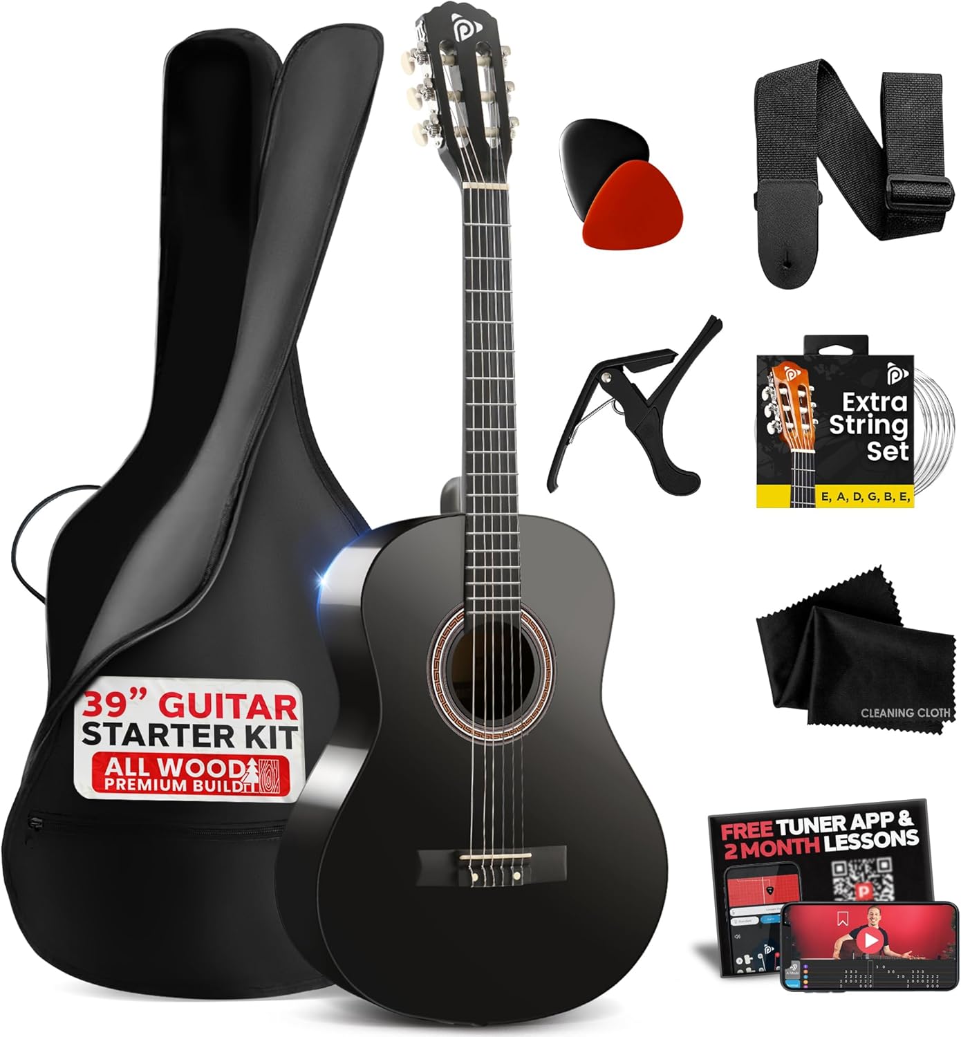 Pyle Beginner Acoustic Guitar Kit, 4/4 Full Size All Wood Build Nylon String Instrument with Capo, Strap, Extra String Set, Gig Bag, Guitars for Beginners Adults Youth, 39