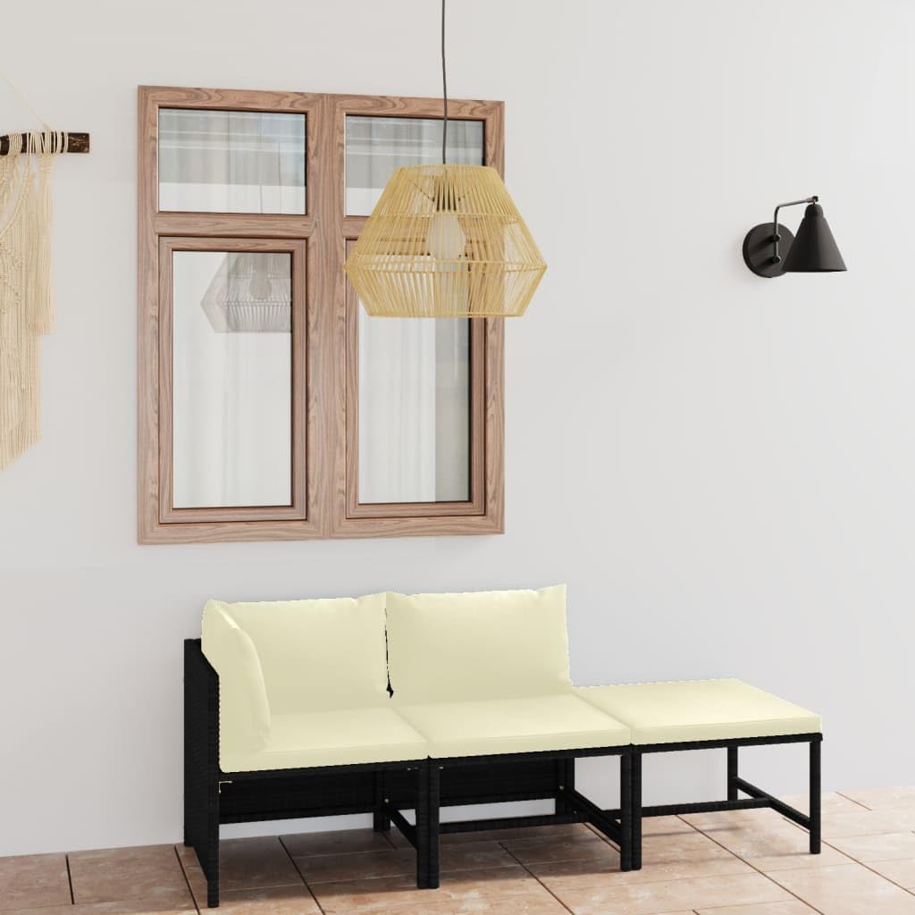 Garden Lounge Set Black Rattan, Cream White Cushions, 3 Piece Outdoor Patio Furniture for Balcony, Weather-Resistant Seating