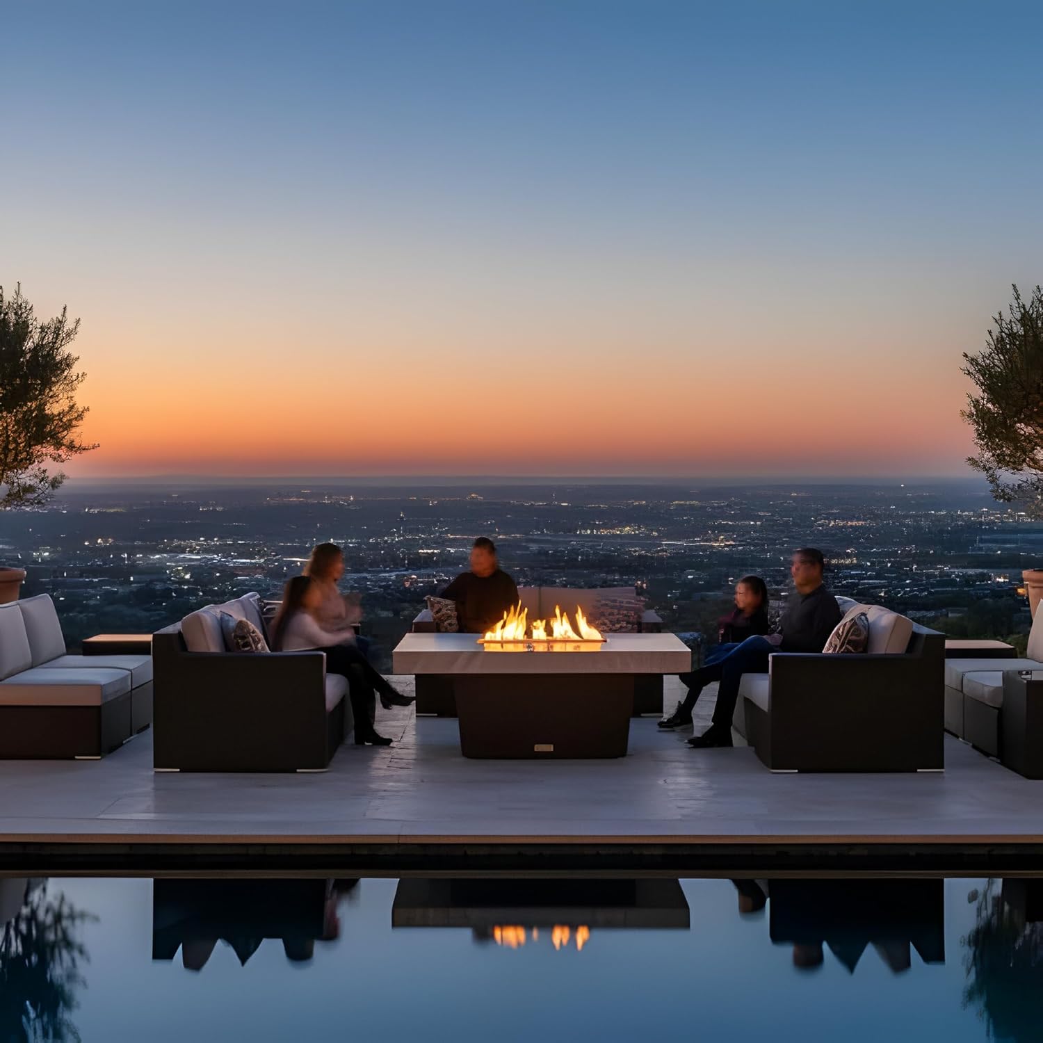 COOKE Palisades Rectangular Fire Pit Table - 52x36 - Chat Height - Propane - Brushed Aluminum Powdercoat Top with 6cm Edge - Bronze Powdercoat Base