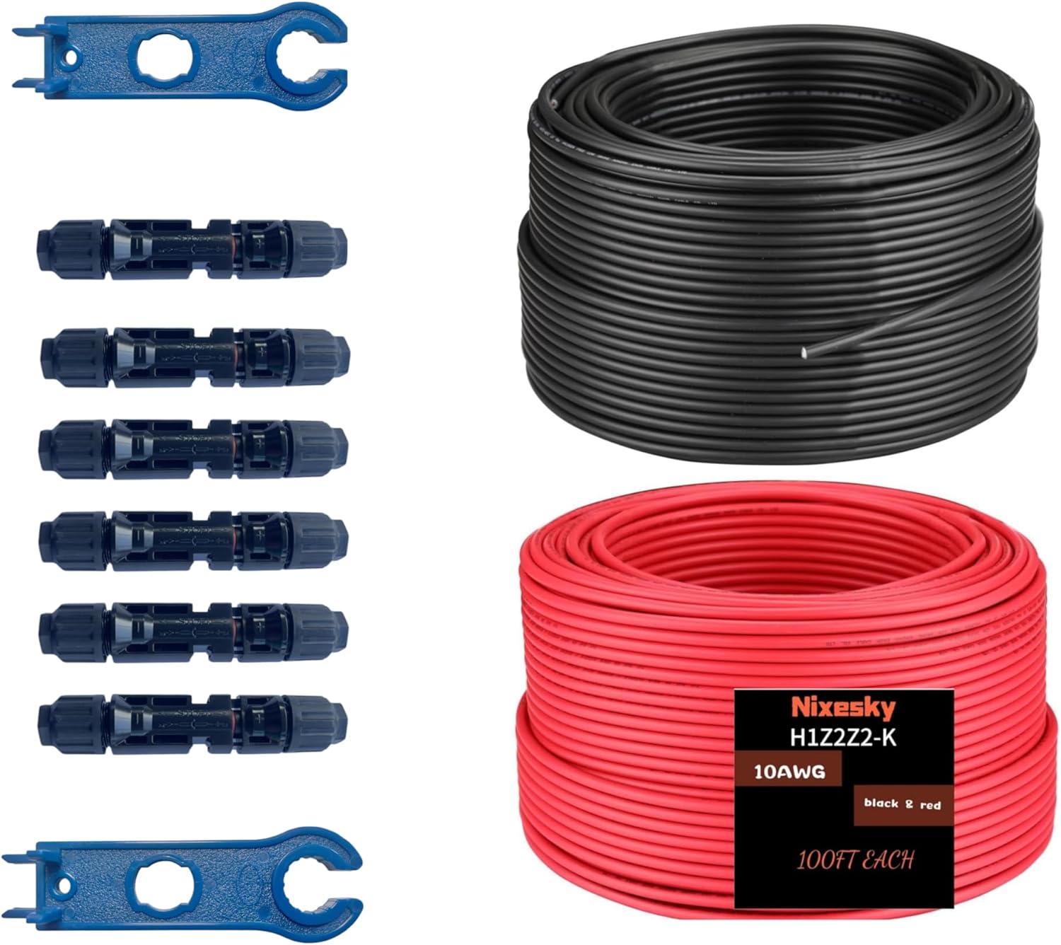 Solar Cable 100Ft 30M 10 awg Wire, 100FT Black + 100FT Red 10 Gauge Wire Solar Extension Cable Wire with 6 Pairs Solar Connectors for RV, Photovoltaic Systems (100, Black red)