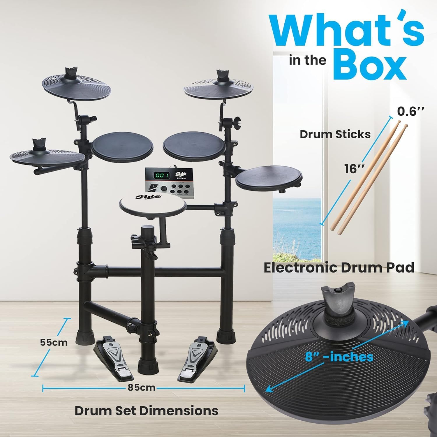 Pyle Electronic Drum Set-Portable Powerful Kit w Machine for Beginners Touch Sensitive Drum Pads, MIDI Computer Connection, Quick Setup Roll-Up Design (Mac & PC Compatible) (PTEDK50)