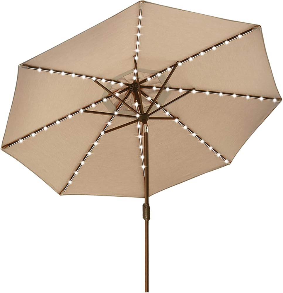 EliteShade USA 10-Year-Non-Fading Solar 9ft Market Umbrella with 80 LED Lights Patio Umbrellas Outdoor Table Umbrella with Ventilation, Heather Beige