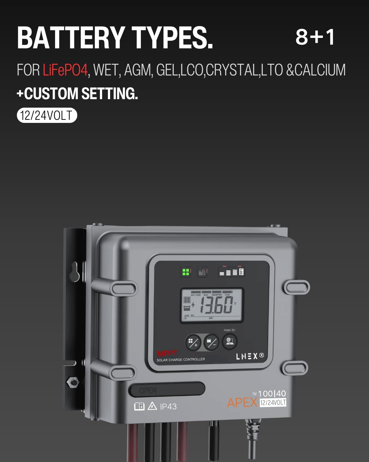 MPPT Solar Charge Controller 40A, 12V 24V Solar Panel Regulator with Temp Sensor for LiFePO4,AGM, Gel, Flooded and Lithium Battery
