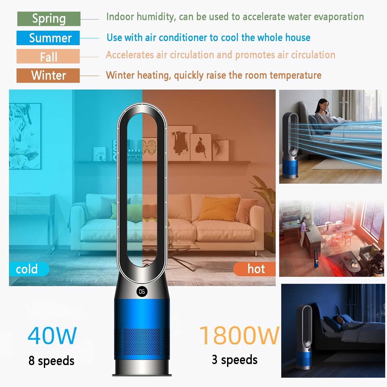 Warm and Cold Fan/Bladeless Fan/Home Heater/Floor Air Circulation Fan/Tower Fan,20 * 88cm,with Remote Control,3-Speed Warm Air,8-Speed Cool Air(Blue)