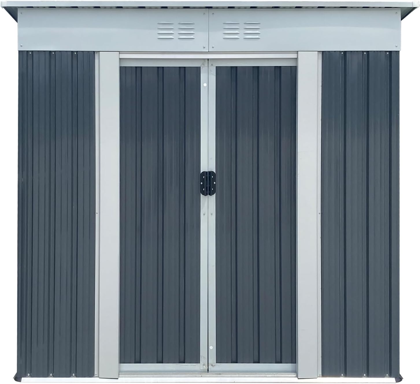 6 x 4 FT Outdoor Storage Shed, Lockable Metal Garden Shed with Sliding Doors & Shutter Vents, Tool Shed Tiny House Vertical Outside Storage Building for Backyard, Grey