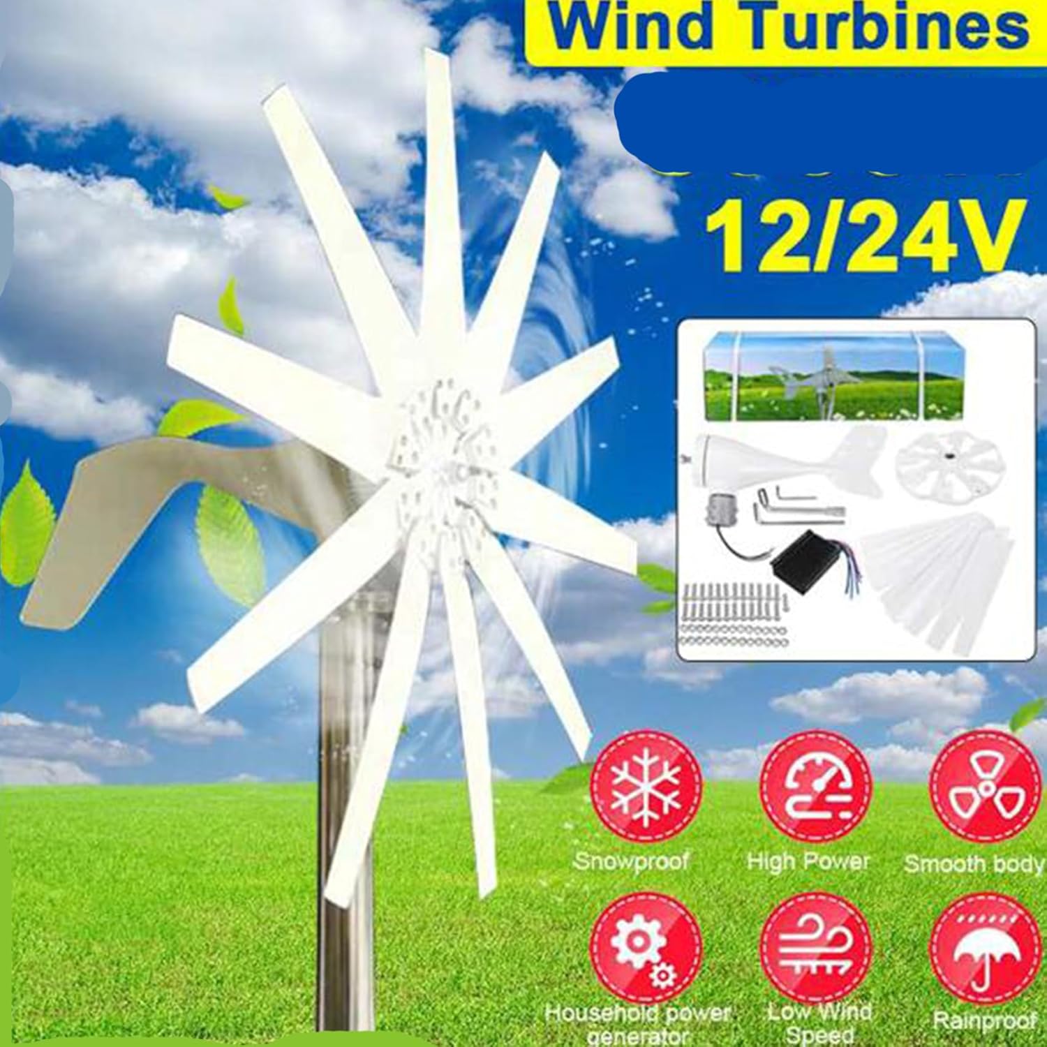 12V,HYZHANHONG 12V 24V 48V Wind Turbine Generator Kit 10000W 10 Blade Wind Power Generator Equipped with Inverter for Boats Terraces Cabins Or Home