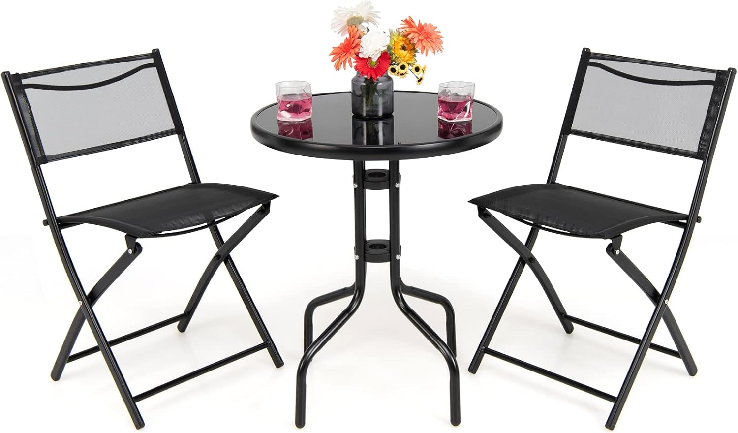 Tangkula 3 Pieces Folding Patio Bistro Set, Outdoor Folding Chairs & Table Set with Tempered Glass Tabletop, Round Table & Foldable Chairs, Outdoor Furniture Set for Garden, Poolside & Backyard