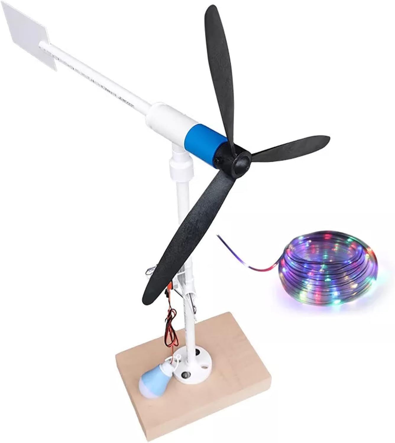 25W DIY Wind Generator Windmill 3 Blades Small Wind Turbine 5-20V DIY Assembly Kit Generator Model with LED Lights and Light String(20m Light String)