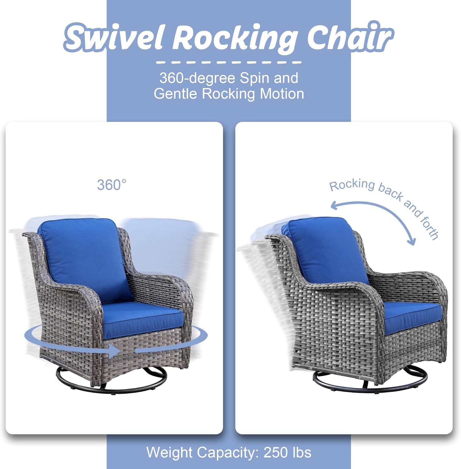 HOOOWOOO Patio Outdoor Furniture with Fire Pit Table,High Back 6 Piece Wicker Patio Conversation Set with Swivel Chairs,7 Person Couch Sofa Seating,Denim Blue