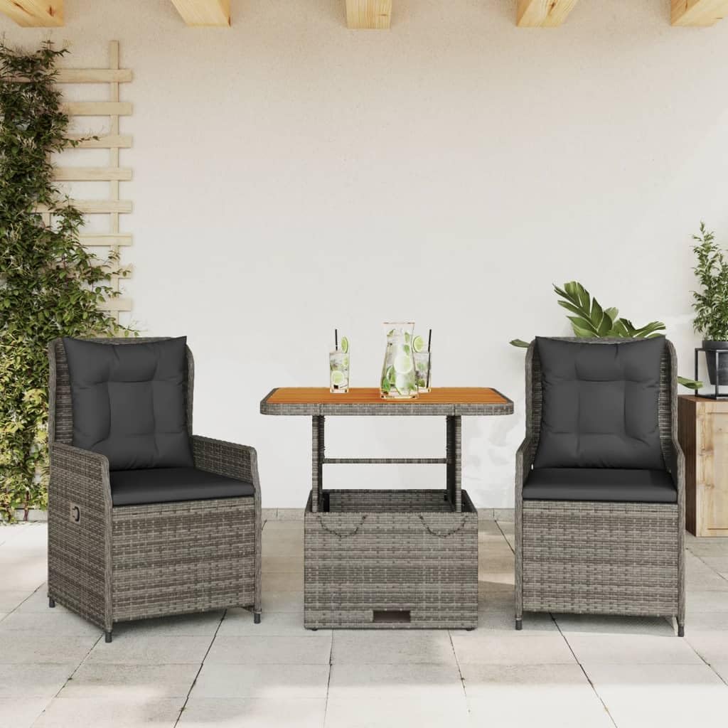 Grey Poly Rattan Bistro Set, Outdoor Table and Chairs, Reclining Patio Furniture Set for Balcony, Garden, Dining, Durable Steel Frame