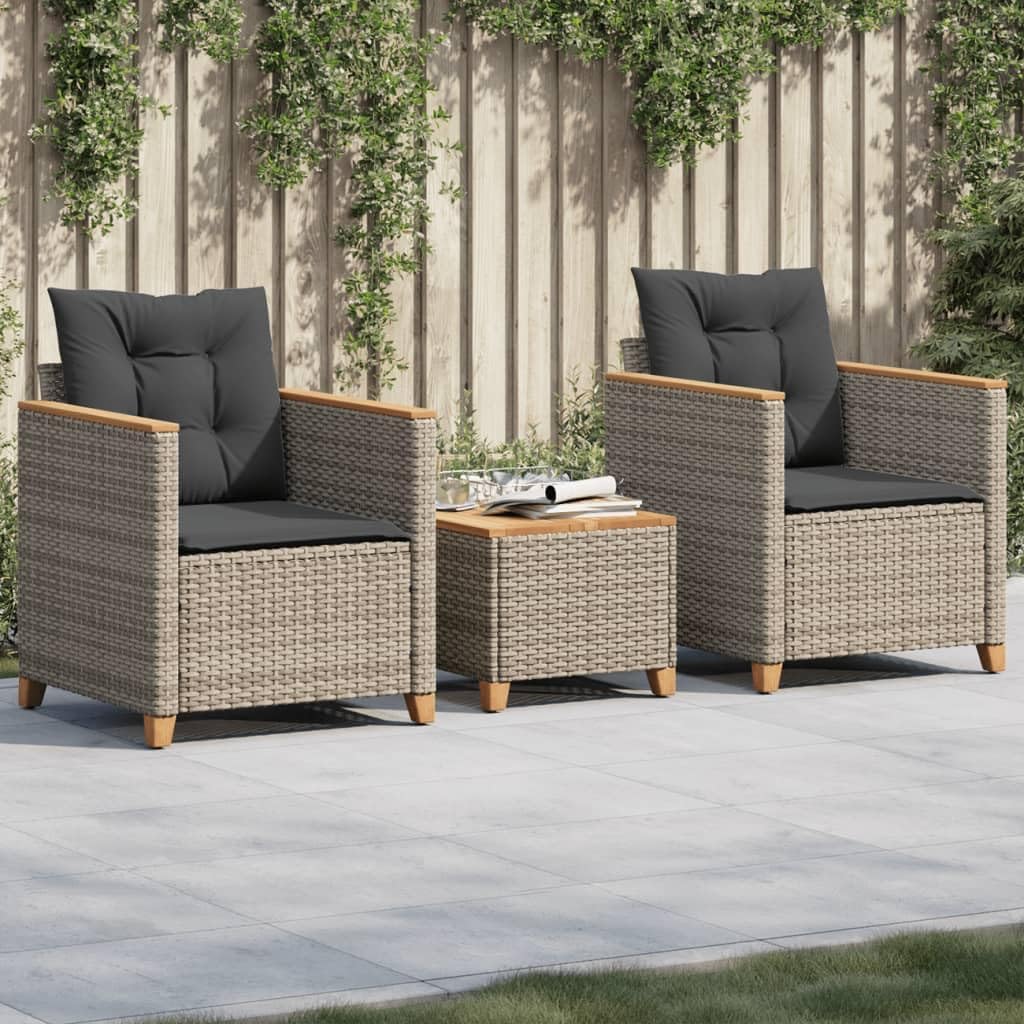 3 Piece Bistro Set with Cushions Gray Poly Rattan Acacia Wood, Patio Furniture Sets, Outdoor Furniture