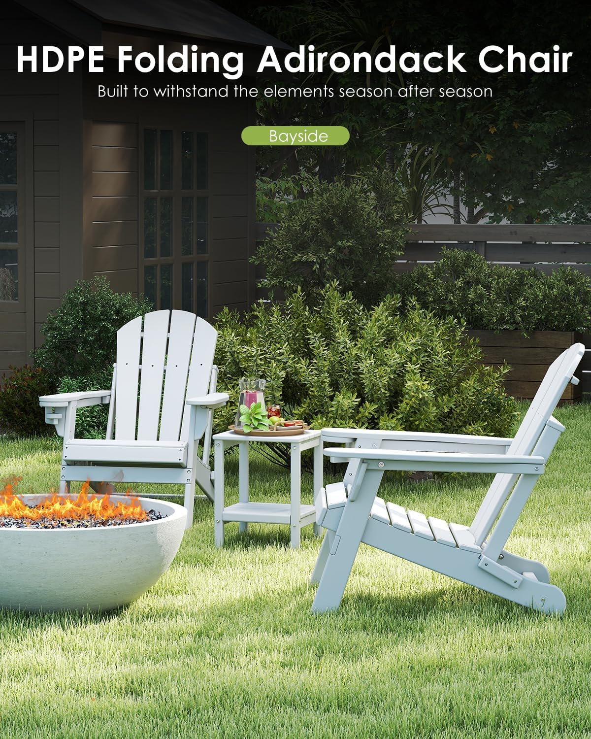 GREENVINES Folding-Adirondack-Chairs-Set-of-6 | HDPE Plastic | Fire Pit Chair | All Weather | Cup Holder | White | for Deck Backyard Patio Outdoor Garden