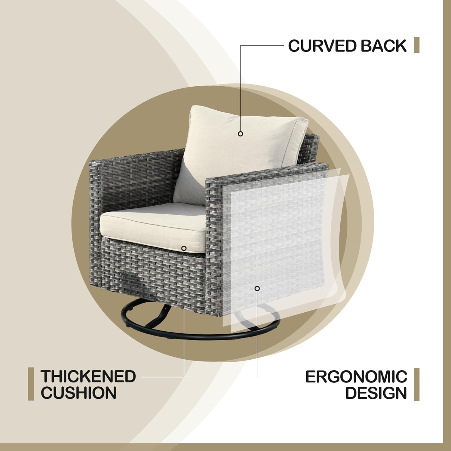 4 Pieces Wicker Patio Furniture Set,PE Rattan Outdoor Conversation Sofa Set with 42inch Fire Pit Table, Non-Slip Cushions and Swivel Chair(Beige)