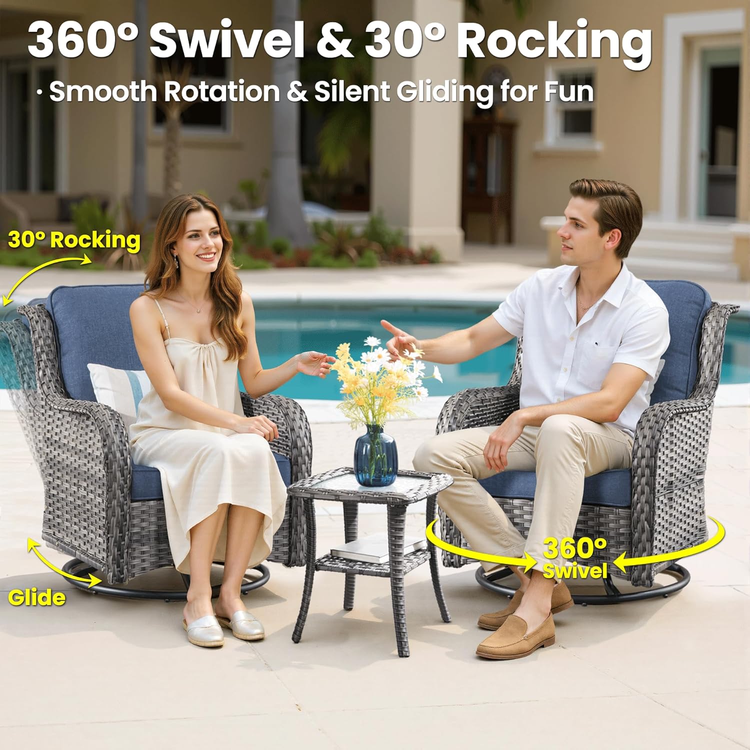 ovios 9 Pieces Patio Furniture Set with 30 inch Fire Pit Table, Outdoor Wicker Sofa Couch Swivel Rocking Glider Chairs, Modern Luxury Conversation Set, Grey Rattan, Denim Blue