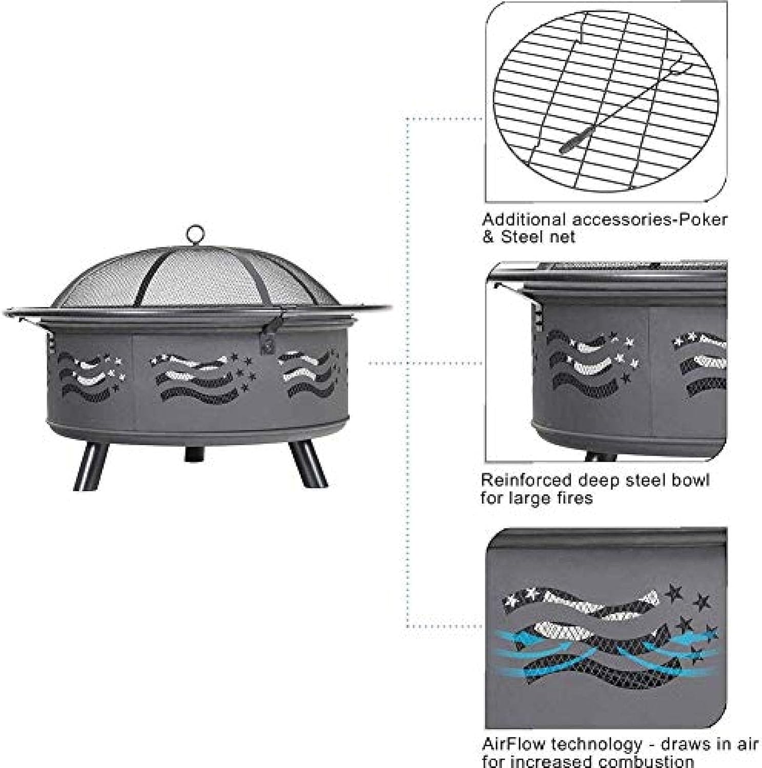 Fire Pit BBQ Grill Fire Bowl Heavy Outdoor Brazier with Stove Brazier and Screen Included